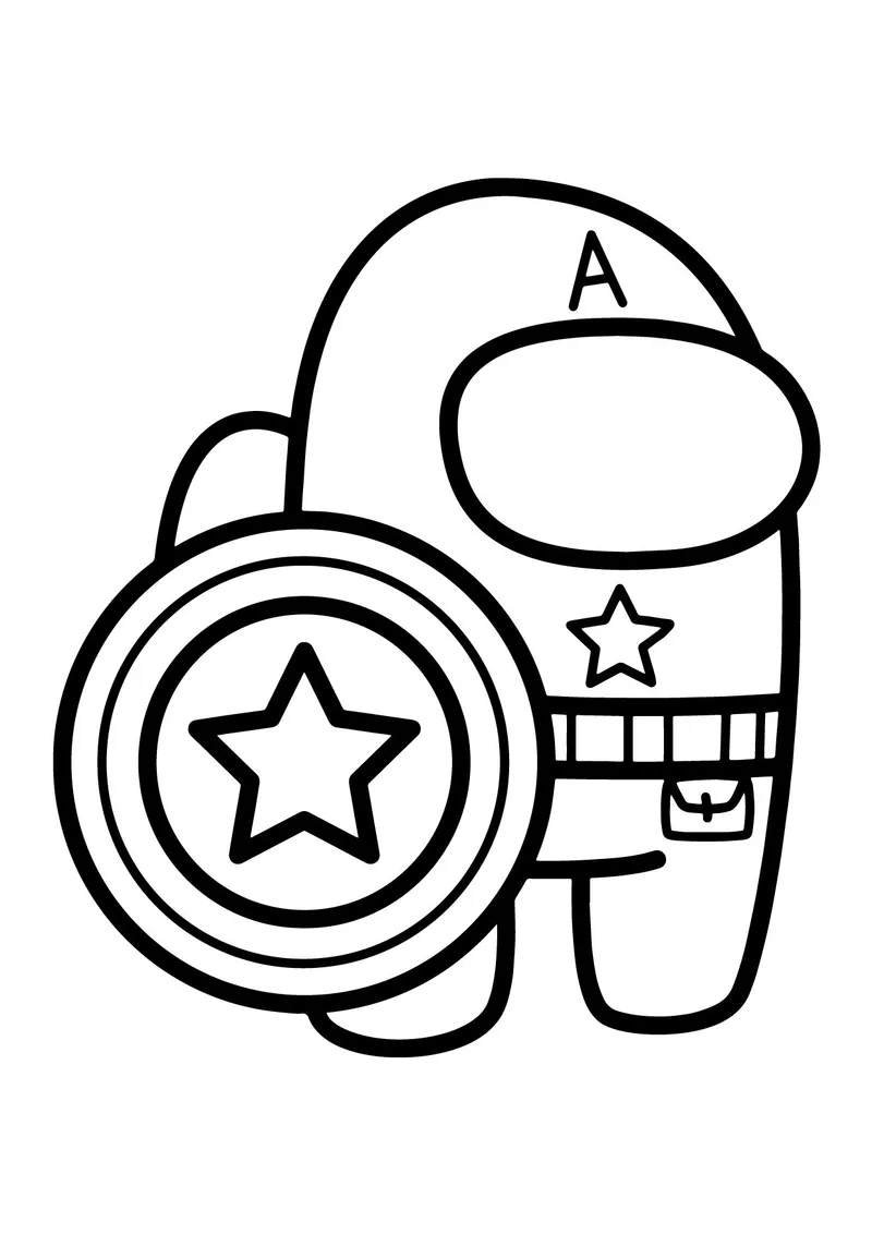 Раскраска «Амонг Ас персонаж Капитан Америка» — чёрно-белый контурный рисунок для печати