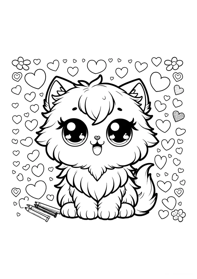 Раскраска «Аниме котик с сердечками» — чёрно-белый контурный рисунок для печати