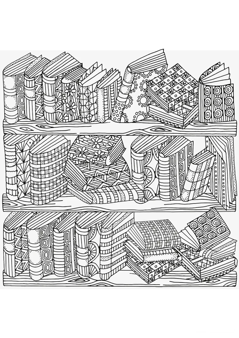 Раскраска «Антистресс Книжные полки» — чёрно-белый контурный рисунок для печати