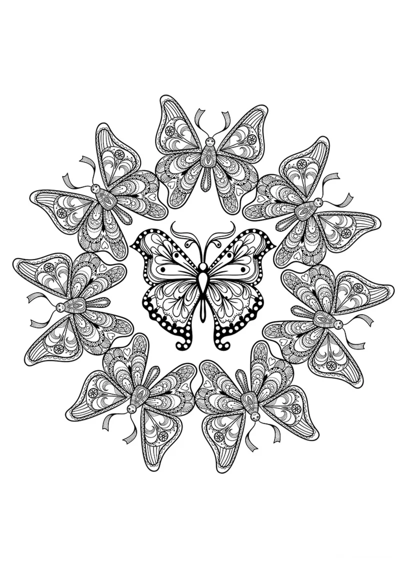 Раскраска «Арт-терапия Хоровод бабочек» — чёрно-белый контурный рисунок для печати