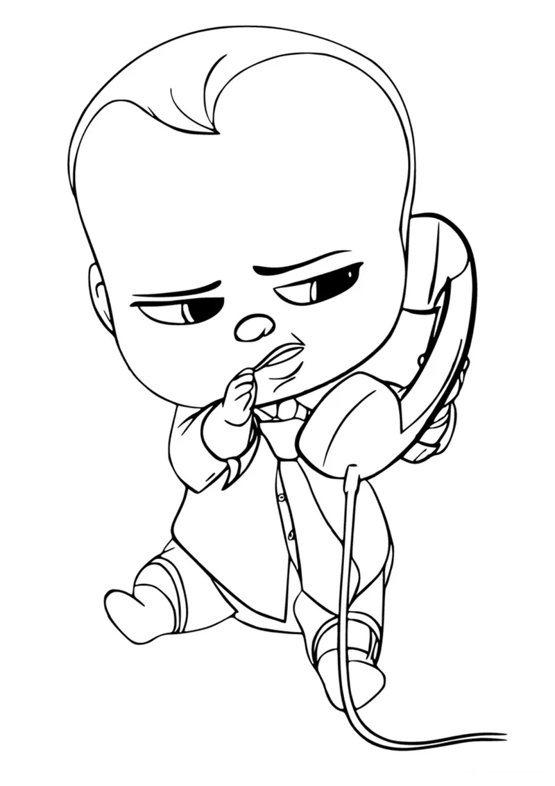 Раскраска «Босс-молокосос с телефоном» — чёрно-белый контурный рисунок для печати