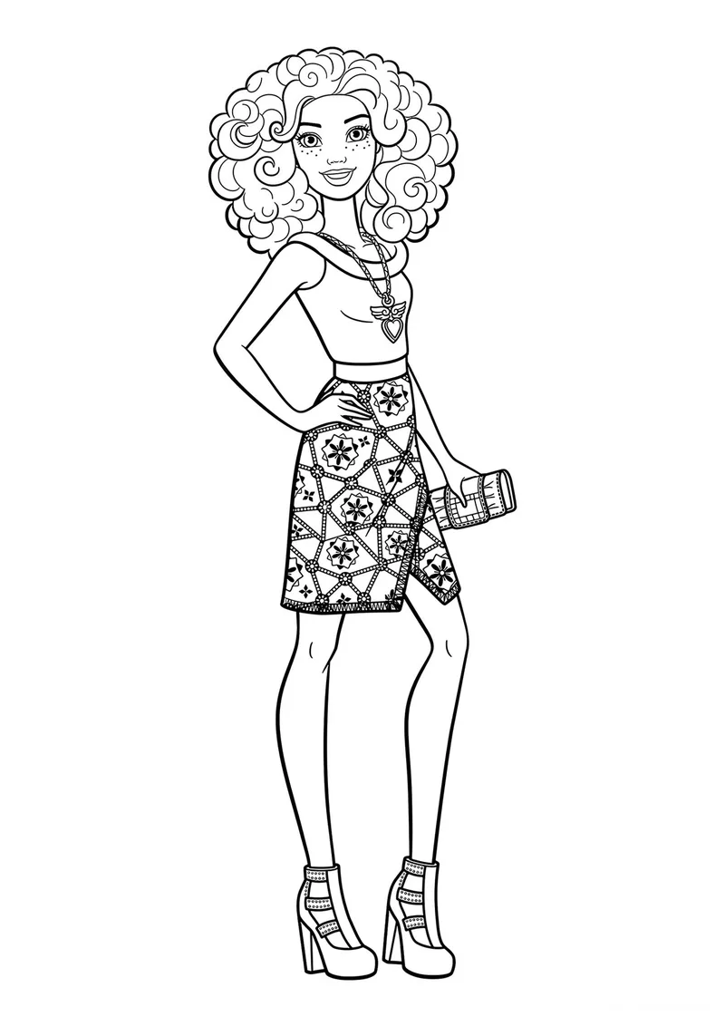 Раскраска «Барби с кудряшками» — чёрно-белый контурный рисунок для печати