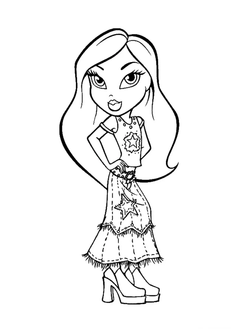 Раскраска «Братц сшила длинную юбку» — чёрно-белый контурный рисунок для печати