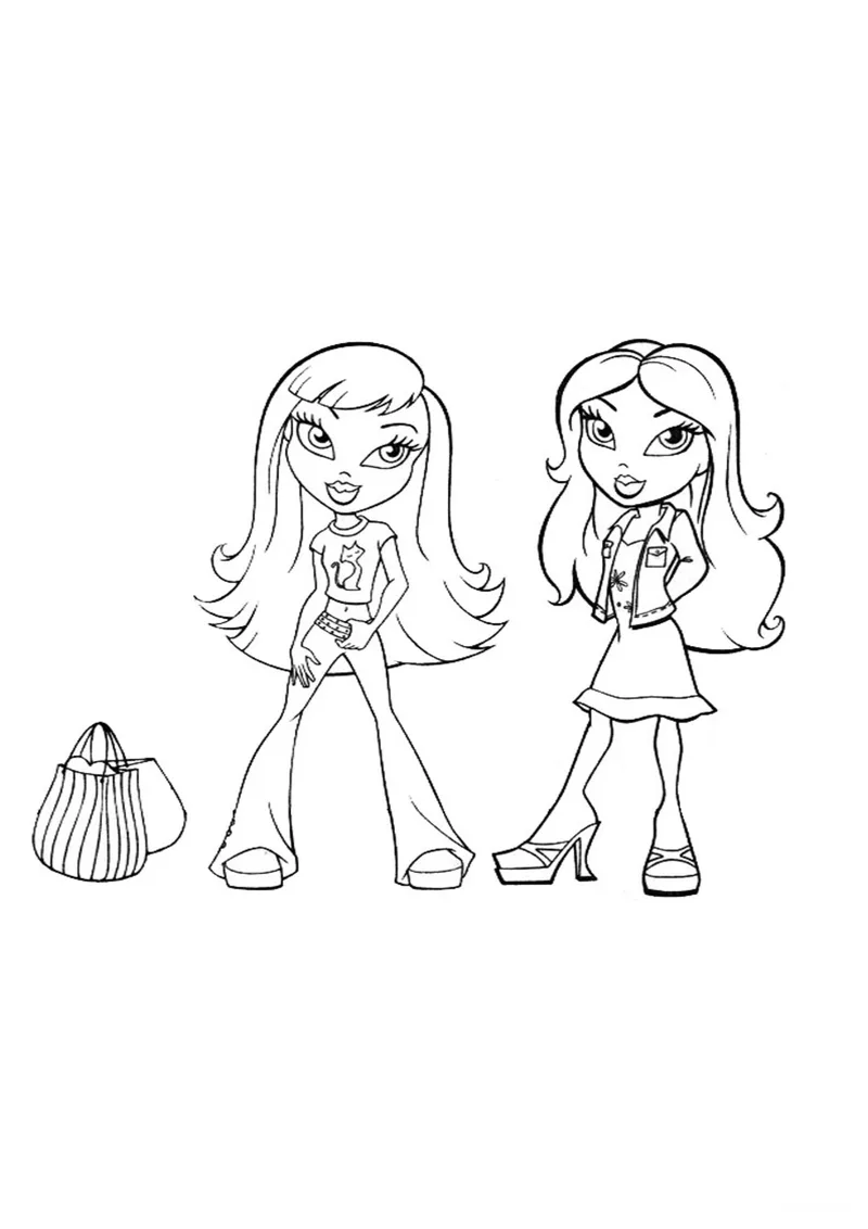 Раскраска «Bratz с подружкой» — чёрно-белый контурный рисунок для печати