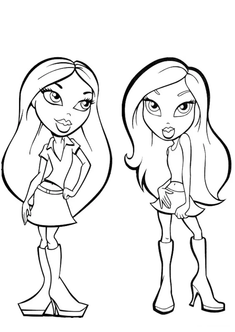 Раскраска «Bratz сплетничают» — чёрно-белый контурный рисунок для печати