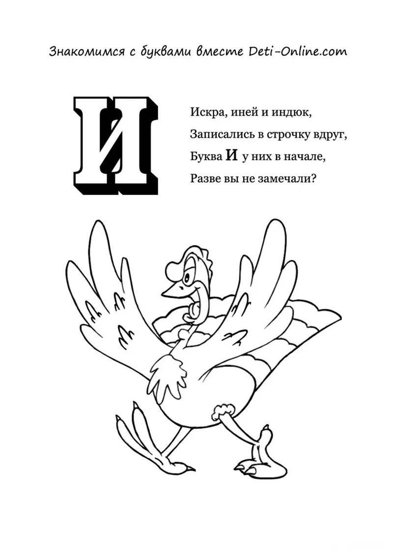 Раскраска «Буква И - Индюк» — чёрно-белый контурный рисунок для печати