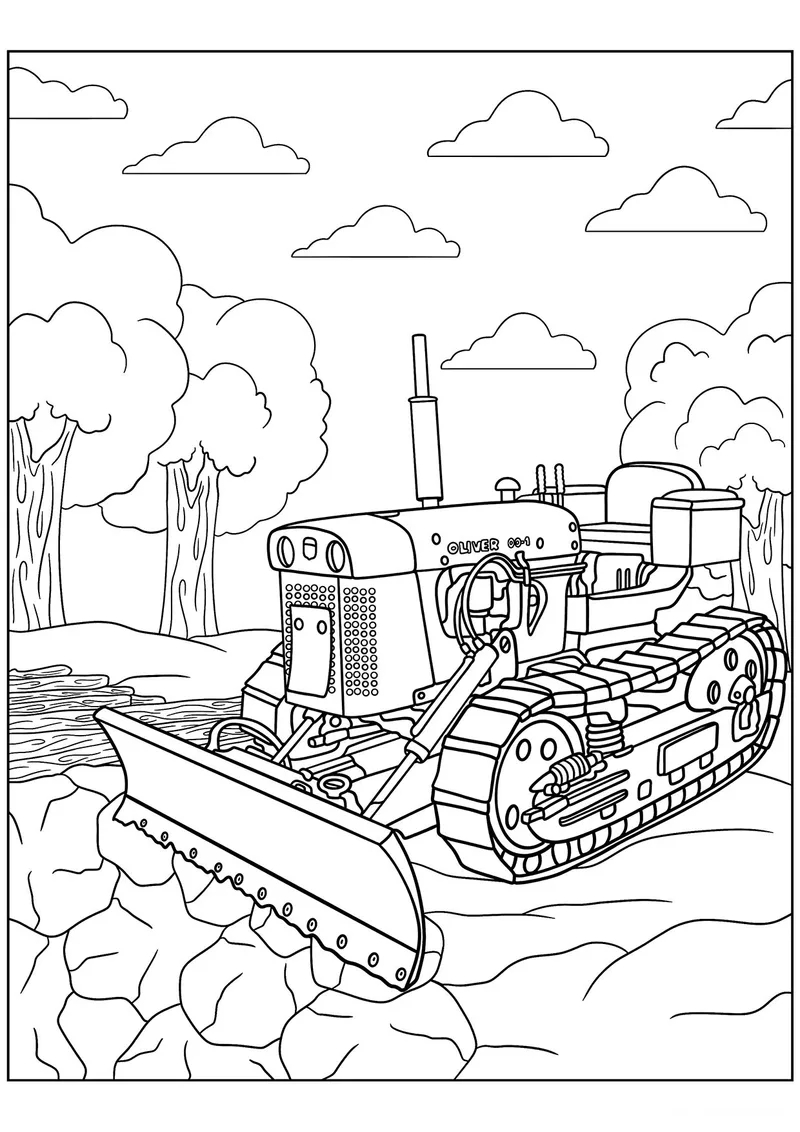 Раскраска «Бульдозер Caterpillar Oliver» — чёрно-белый контурный рисунок для печати