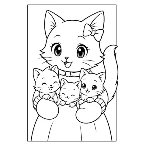 Раскраска «Кошка с котятами в варежках»