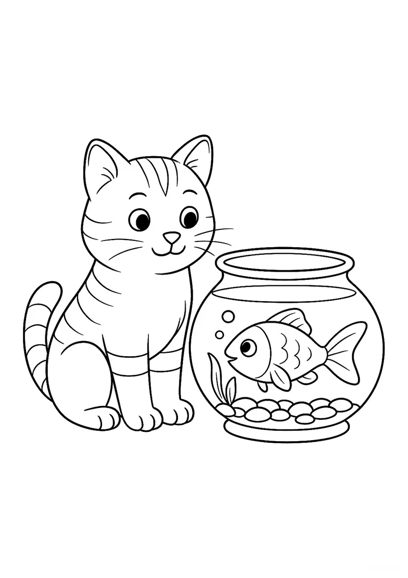 Раскраска «Кот и рыбка» — чёрно-белый контурный рисунок для печати