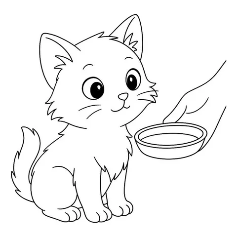 Раскраска «Котенку подают миску с молоком»