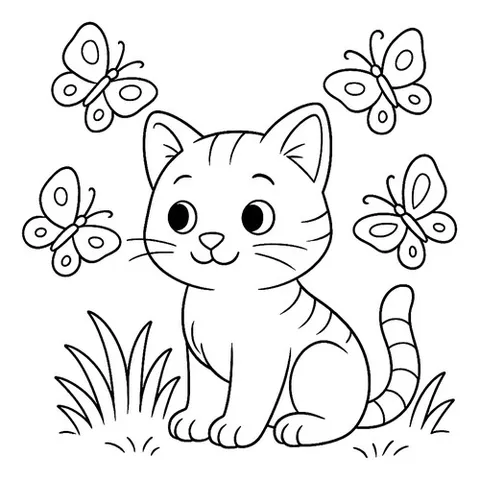 Раскраска «Котенок и бабочки»