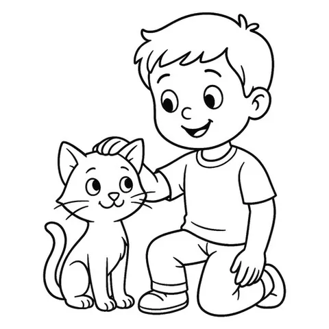 Раскраска «Котенок играет с мальчиком»