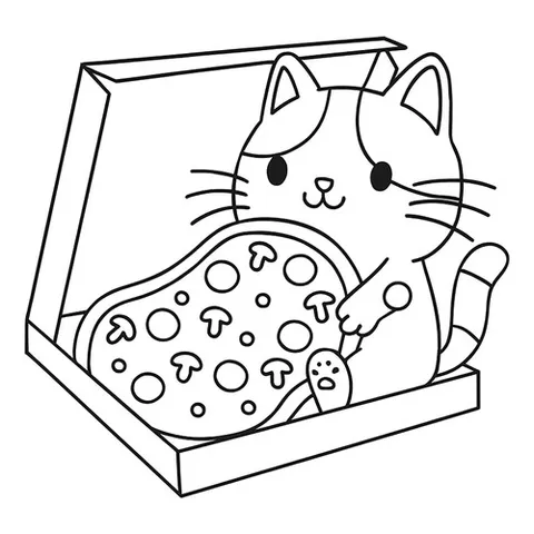 Раскраска «Котик ест пиццу»