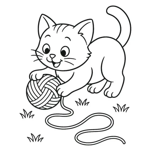 Раскраска «Котик играет с нитками»