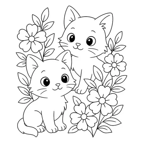 Раскраска «Котята и цветы»
