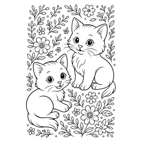 Раскраска «Котята в цветах»