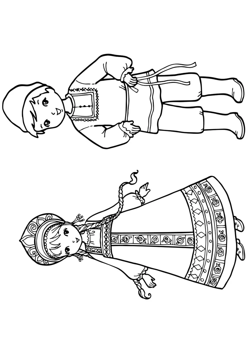 Раскраска «Русские дети» — чёрно-белый контурный рисунок для печати