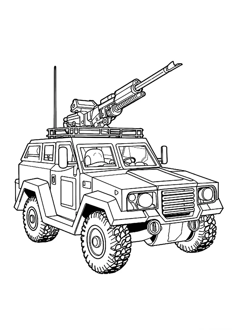 Раскраска «Джип с большим пулемётом» — чёрно-белый контурный рисунок для печати