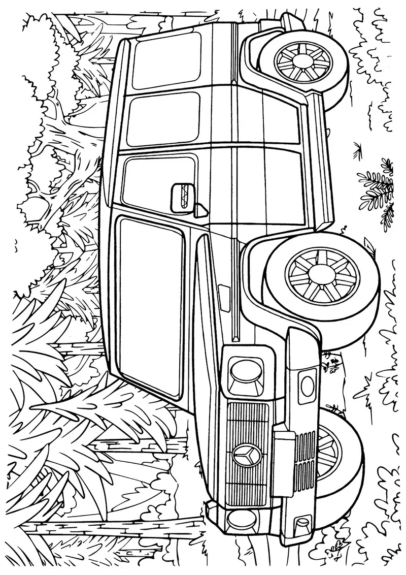 Раскраска «Гелендваген в лесу» — чёрно-белый контурный рисунок для печати