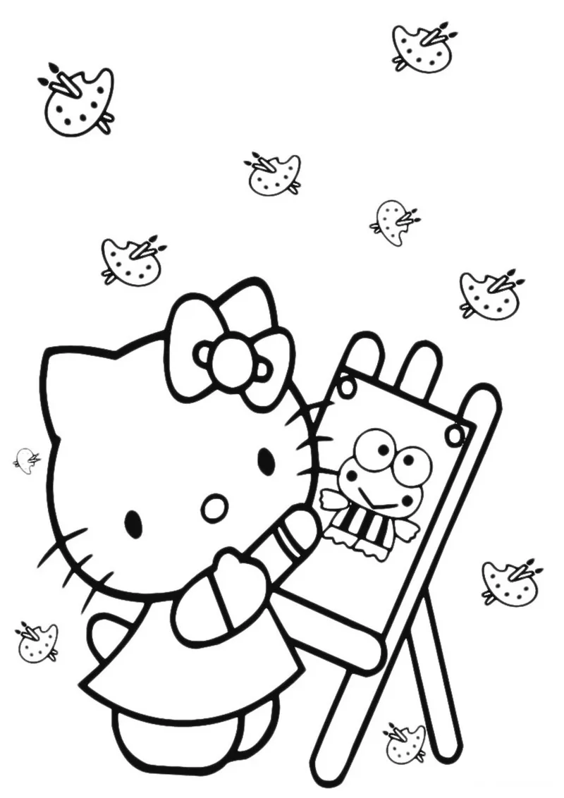 Раскраска «Художница-Kitty» — чёрно-белый контурный рисунок для печати