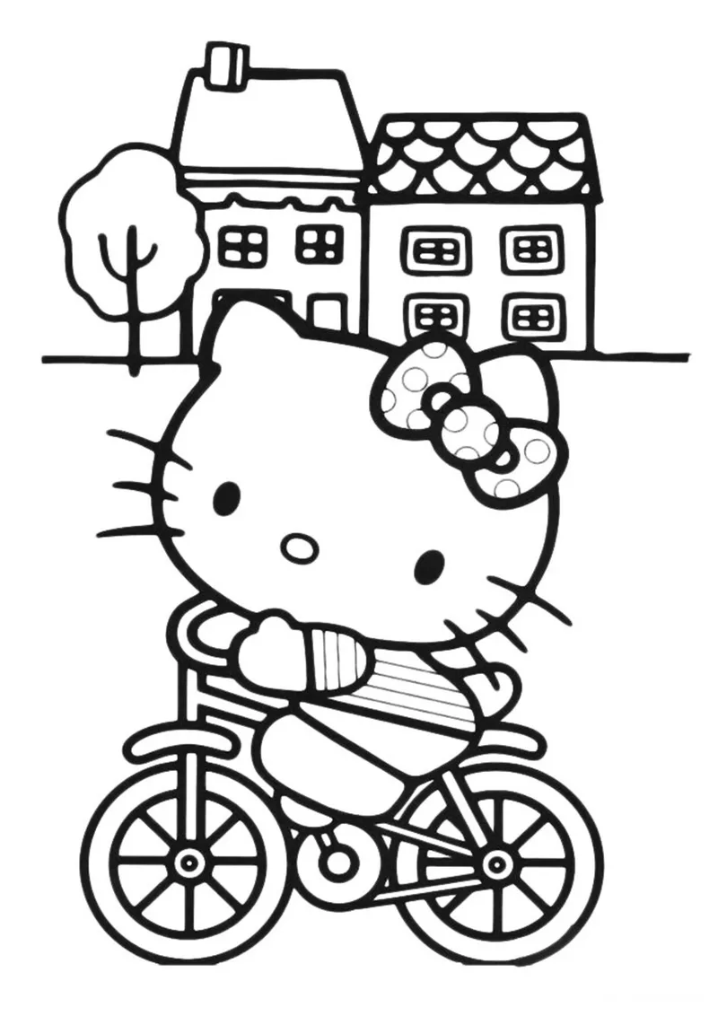 Раскраска «Kitty катается на велосипеде» — чёрно-белый контурный рисунок для печати