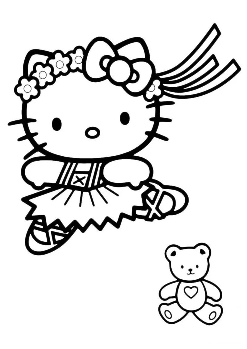 Раскраска «Kitty на танцах» — чёрно-белый контурный рисунок для печати