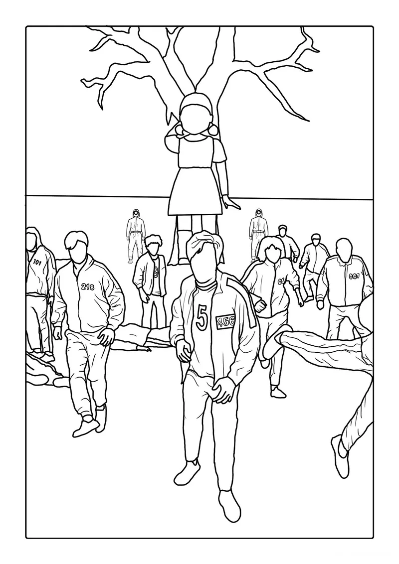 Раскраска «Красный свет Зелёный свет (первая игра в кальмара)» — чёрно-белый контурный рисунок для печати