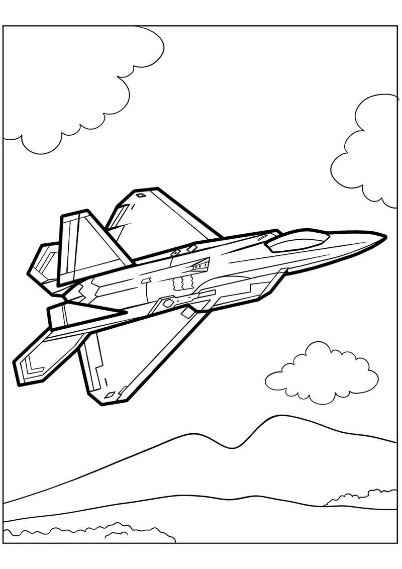 Раскраска «Американский истребитель F-22 «Раптор»» — чёрно-белый контурный рисунок для печати