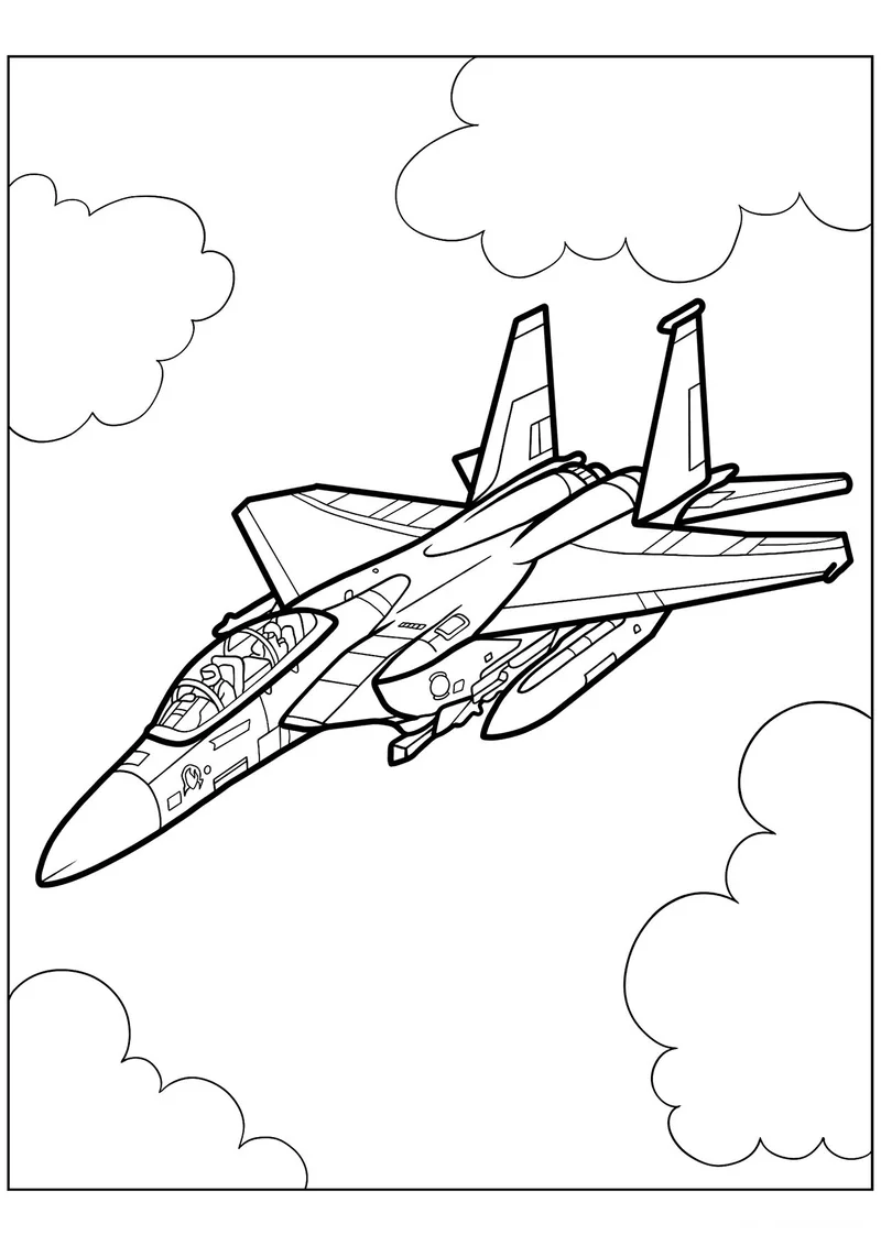 Раскраска «Реактивный самолет Boeing F-15» — чёрно-белый контурный рисунок для печати