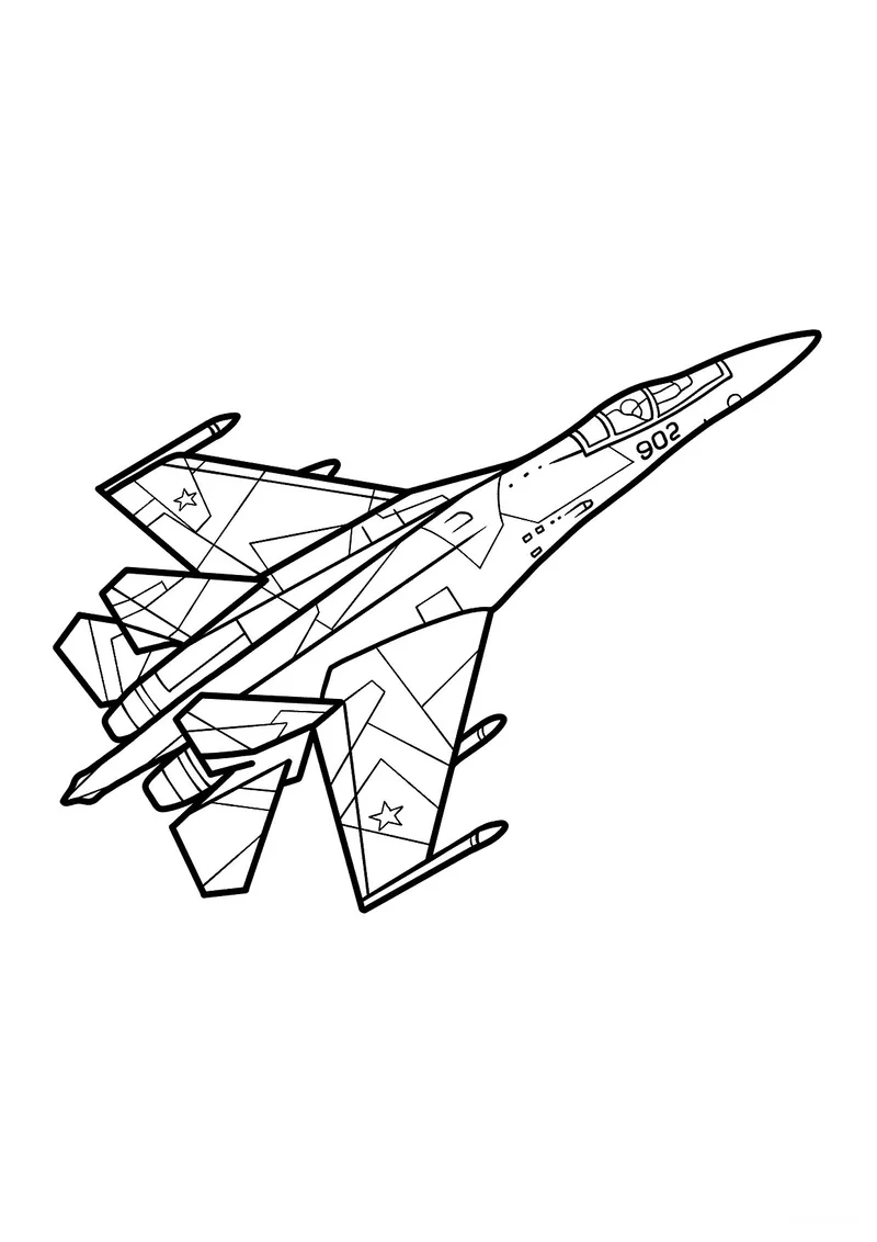Раскраска «Российский военный самолёт СУ-35» — чёрно-белый контурный рисунок для печати