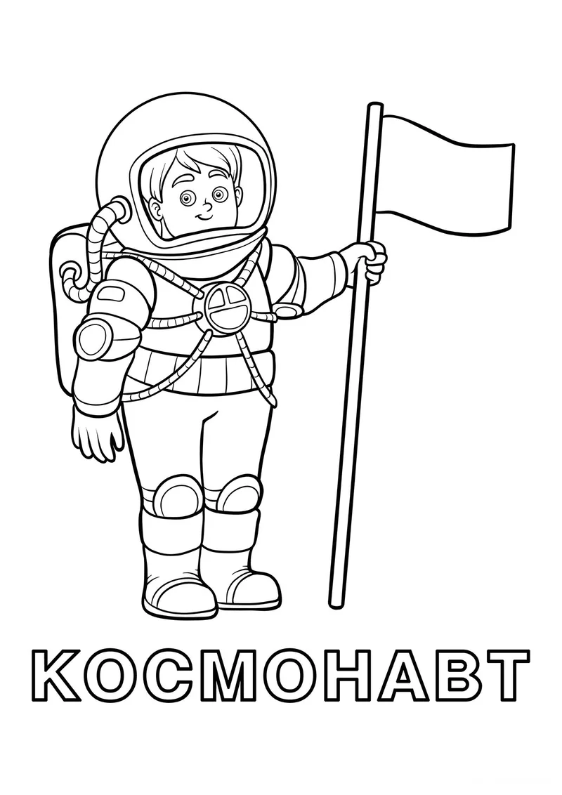 Раскраска «Космонавт» — чёрно-белый контурный рисунок для печати