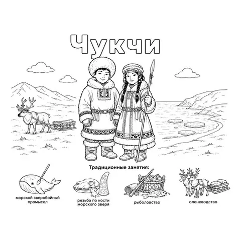Раскраска «Чукчи в национальных костюмах и их занятия»