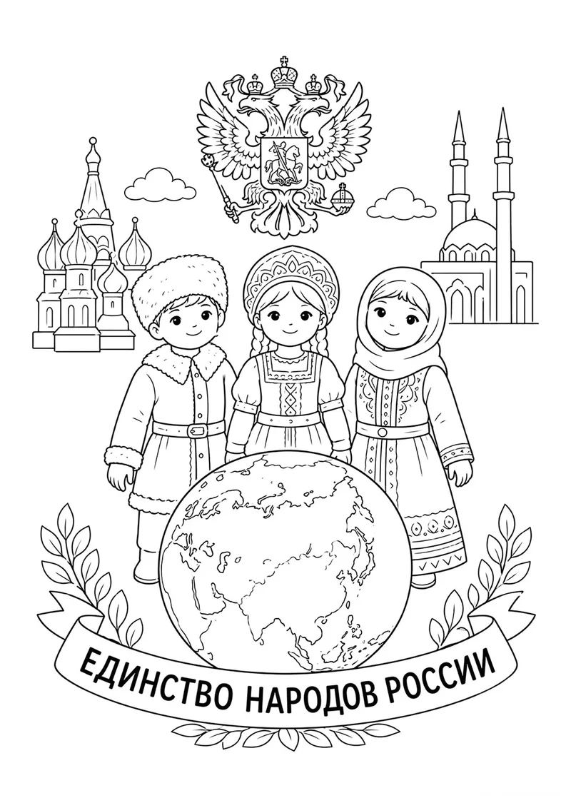 Раскраска «Единство народов России» — чёрно-белый контурный рисунок для печати