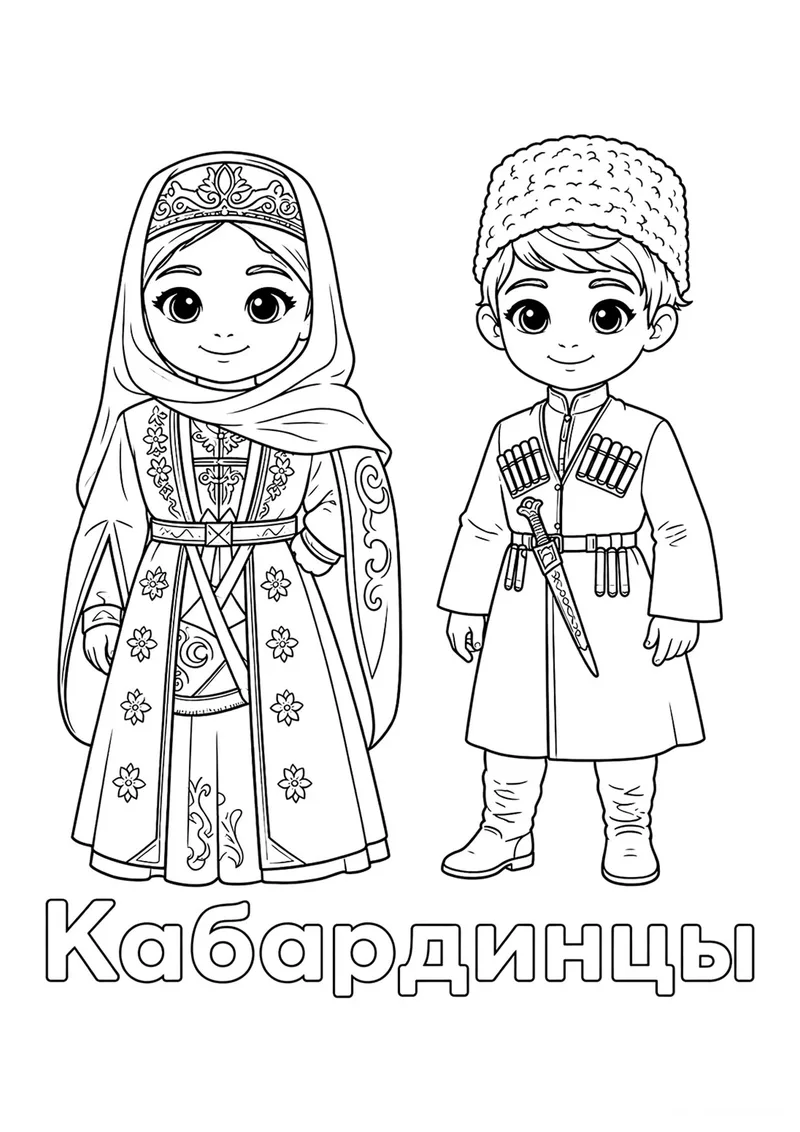 Раскраска «Кабардинцы в национальной одежде» — чёрно-белый контурный рисунок для печати