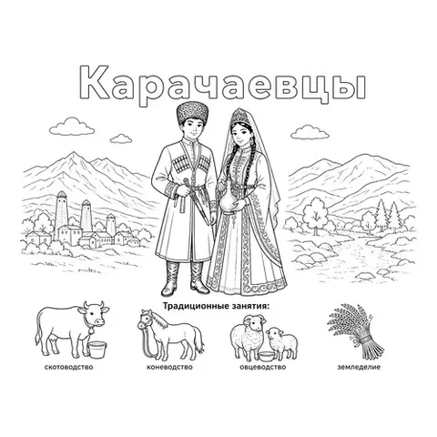 Раскраска «Карачаевцы в национальных костюмах и их занятия»