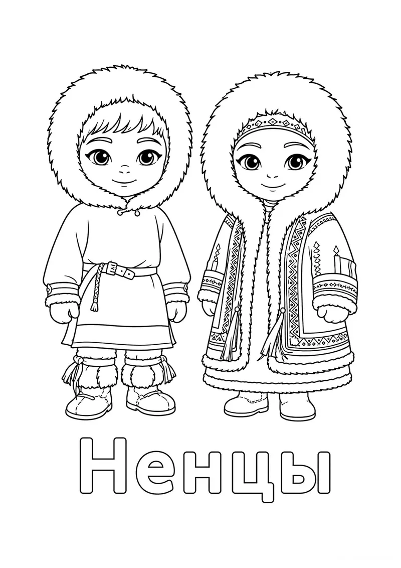 Раскраска «Ненцы в национальной одежде» — чёрно-белый контурный рисунок для печати