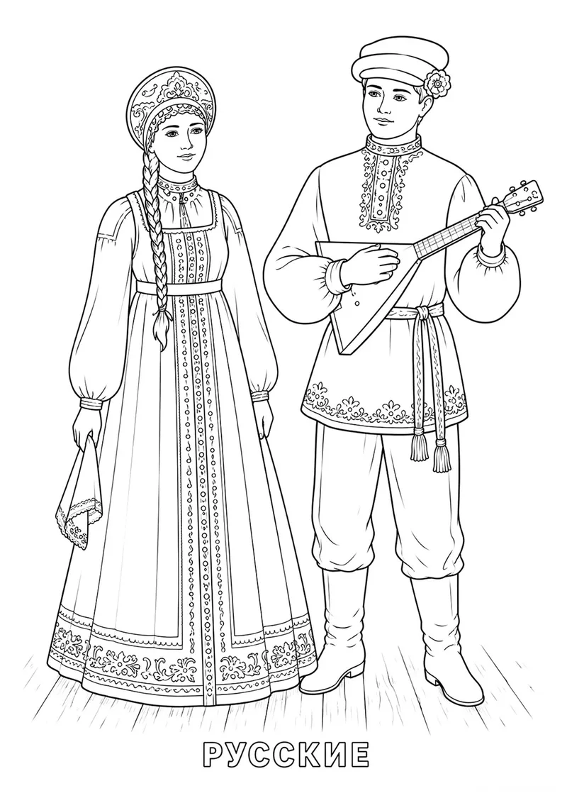 Раскраска «Русский национальный костюм» — чёрно-белый контурный рисунок для печати