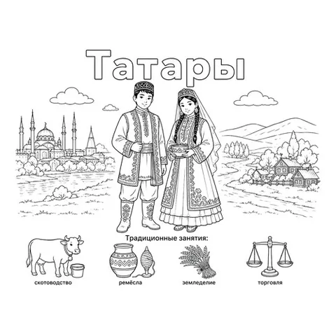 Раскраска «Татары в национальных костюмах и их занятия»