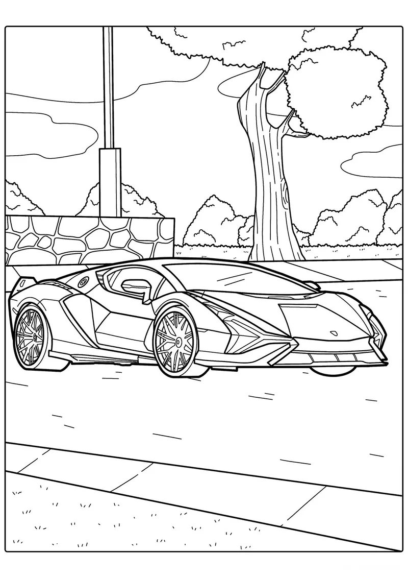 Раскраска «Детализированный Ламборгини Aventador» — чёрно-белый контурный рисунок для печати