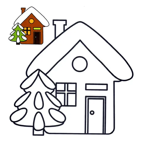 Раскраска «Домик с ёлкой с цветным образцом»