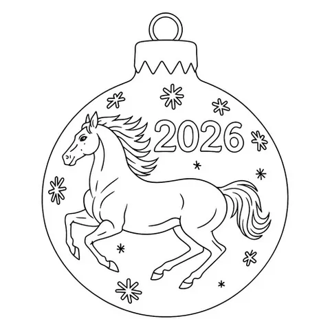 Раскраска «Ёлочный шар с лошадкой 2026»