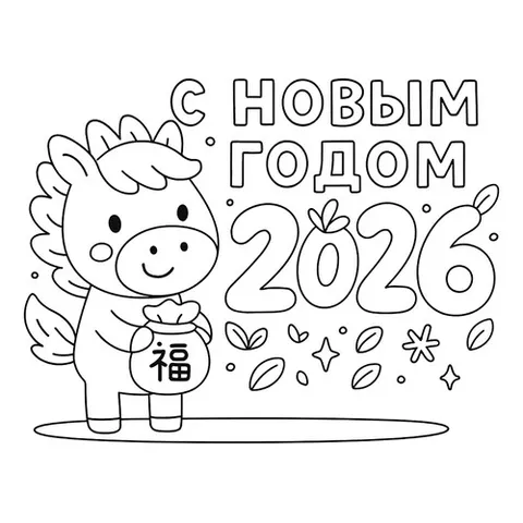 Раскраска «Лошадка С Новым годом 2026»
