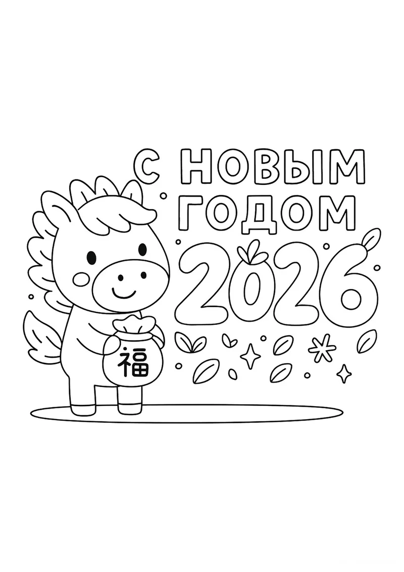 Раскраска «Лошадка С Новым годом 2026» — чёрно-белый контурный рисунок для печати