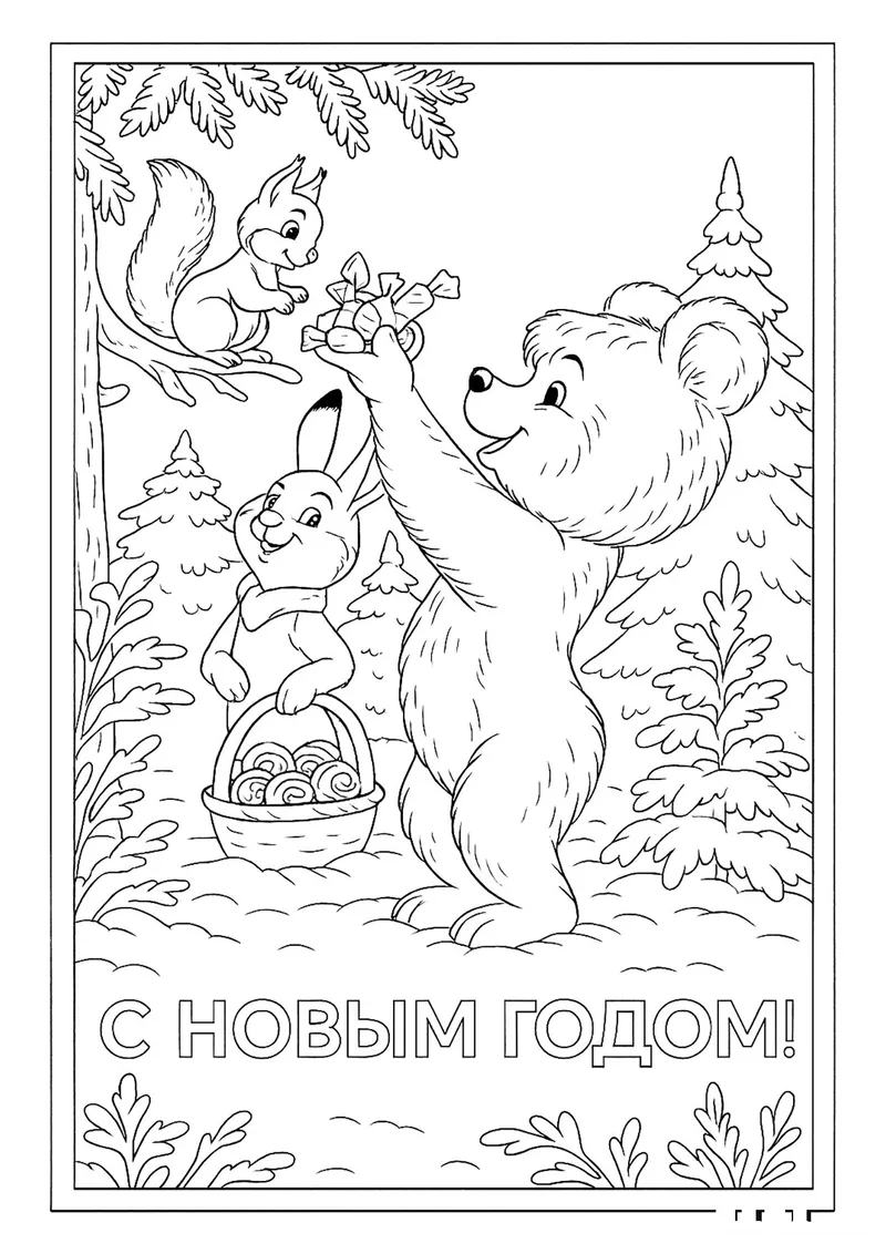 Раскраска «Мишка и зайка поздравляют с Новым годом белочку» — чёрно-белый контурный рисунок для печати