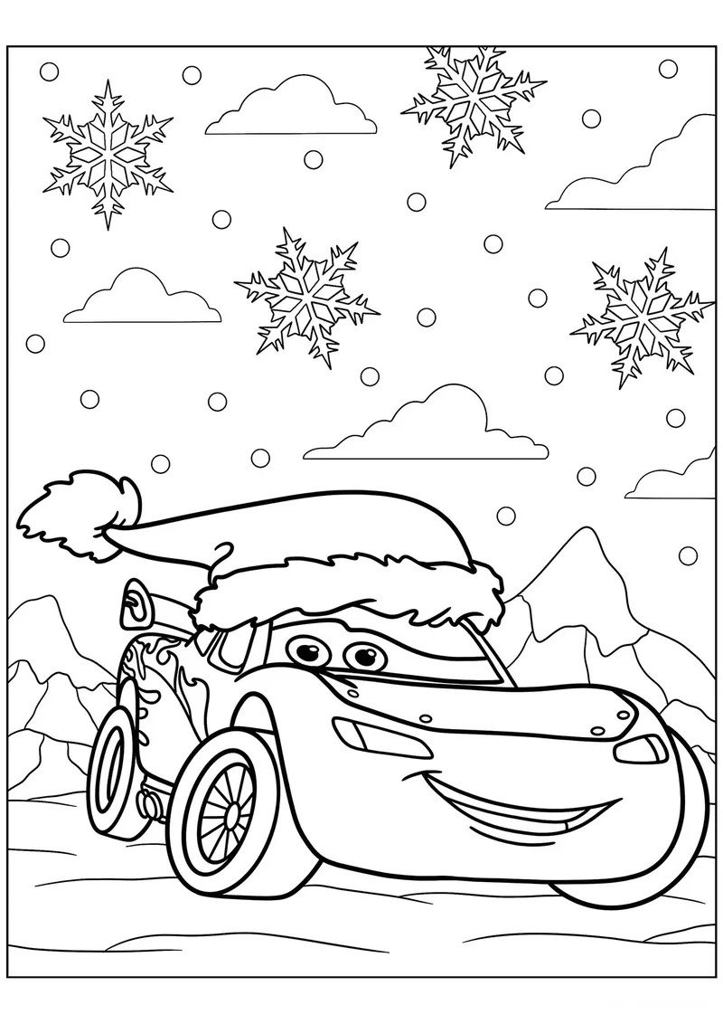 Раскраска «Молния Маккуин на Новый год» — чёрно-белый контурный рисунок для печати