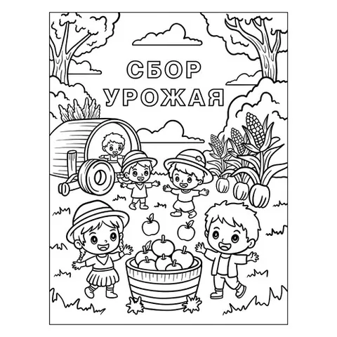 Раскраска «Дети собирают урожай»