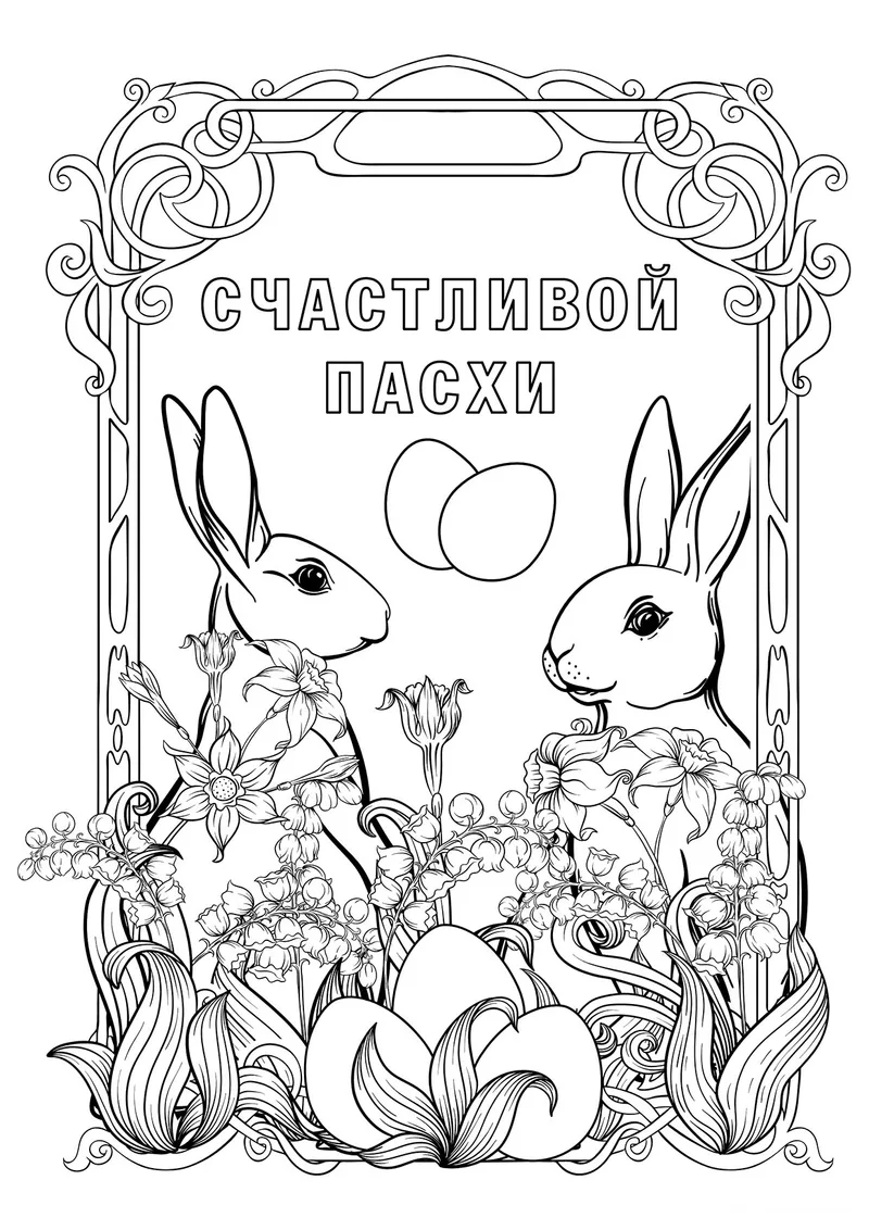 Раскраска «Пасхальные кролики» — чёрно-белый контурный рисунок для печати