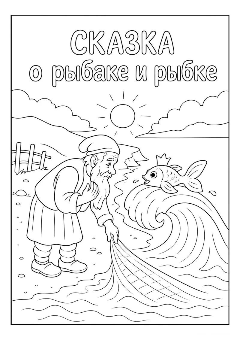 Раскраска «Сказка о рыбаке и рыбке» — чёрно-белый контурный рисунок для печати