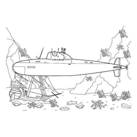 Раскраска «Атомная подводная лодка возле морского дна»