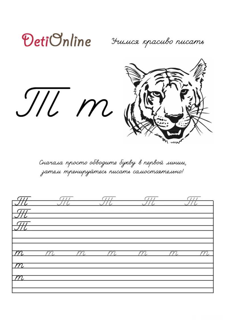 Раскраска «Буква Т пропись - Тигр» — чёрно-белый контурный рисунок для печати